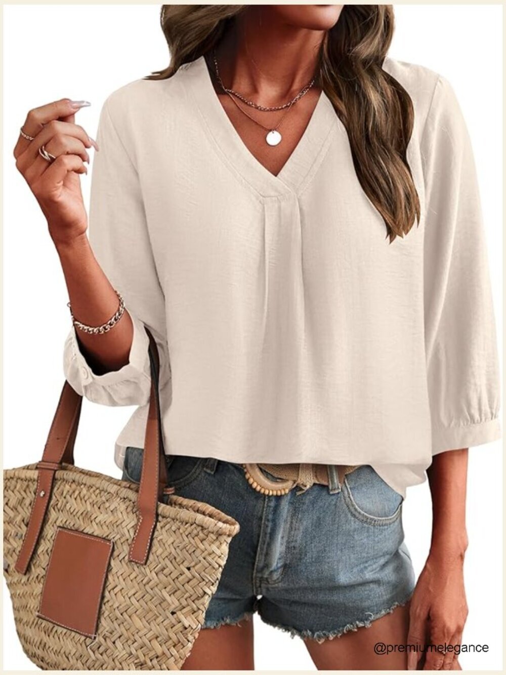 3/4 Sleeve V Neck Boho Peasant Blouse Tunic Top with Button Cuffs